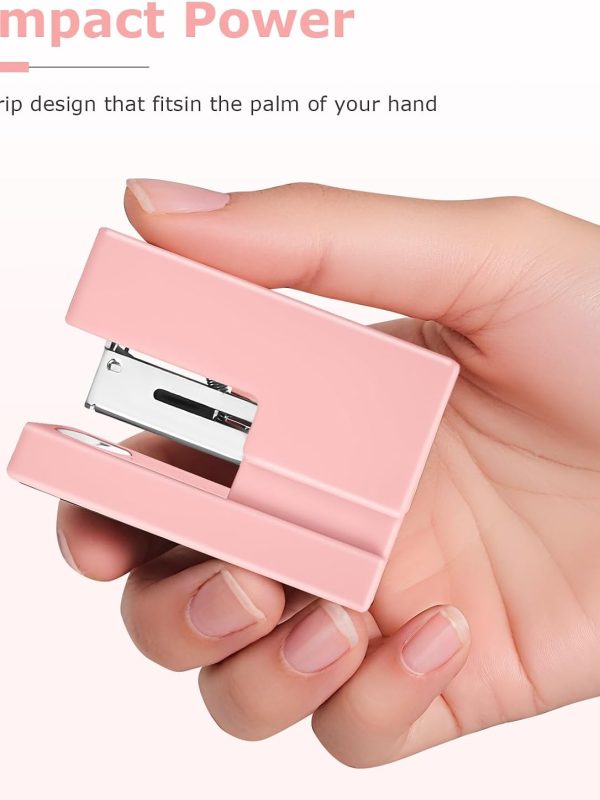 Compact Pink Half-Strip Stapler with Low-Profile Design for Home Office School and Travel