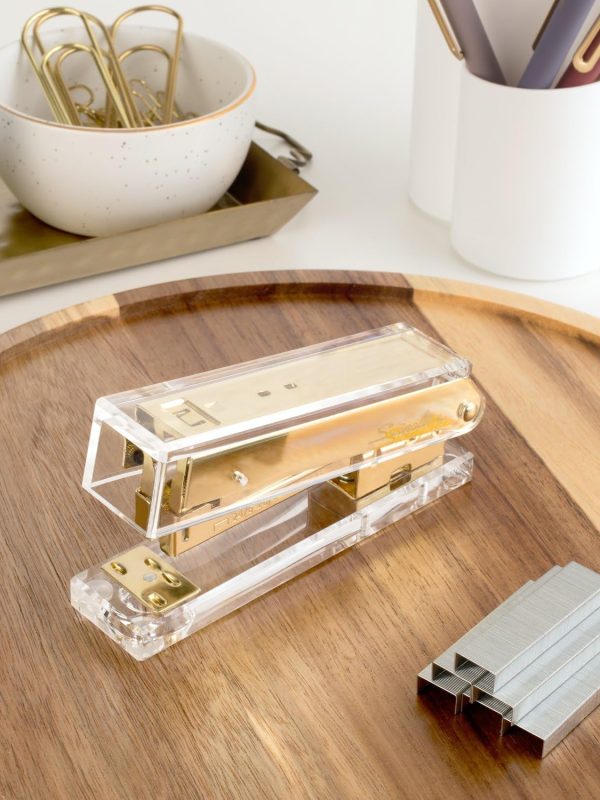Clear Acrylic Desktop Stapler with Gold-Tone Metal Mechanism for Elegant Office Organization