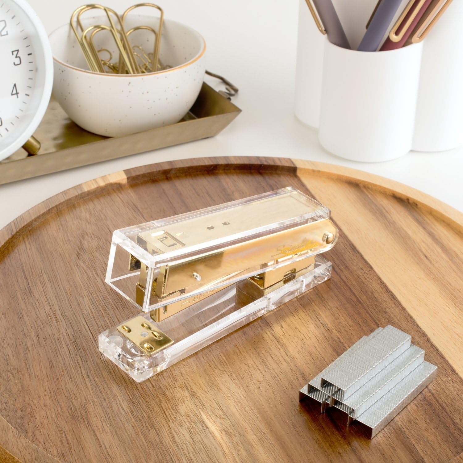Clear Acrylic Desktop Stapler with Gold-Tone Metal Mechanism for Elegant Office Organization
