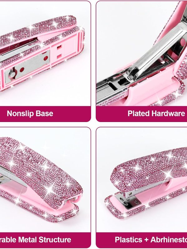 Pink Rhinestone Decorative Stapler with Durable Metal Mechanism for Desk and Stationery Use