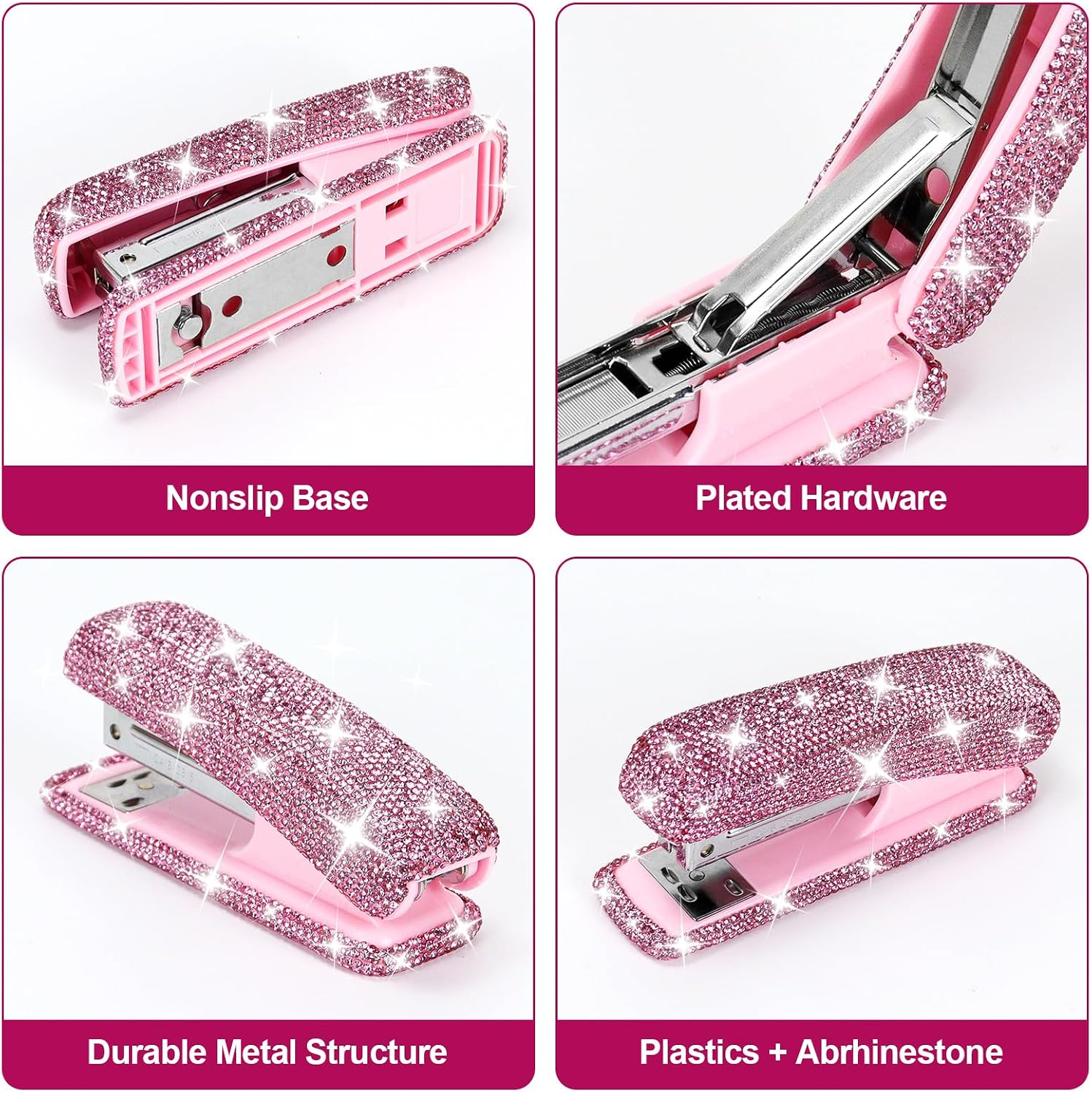 Pink Rhinestone Decorative Stapler with Durable Metal Mechanism for Desk and Stationery Use